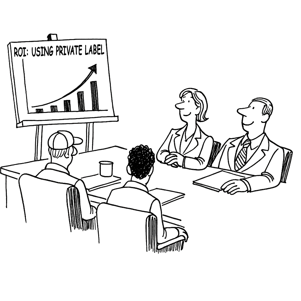 A black and white cartoon showing a team of people in a meeting, looking at a steadily increasing bar chart on a display board that reads 'ROI: USING PRIVATE LABEL'.