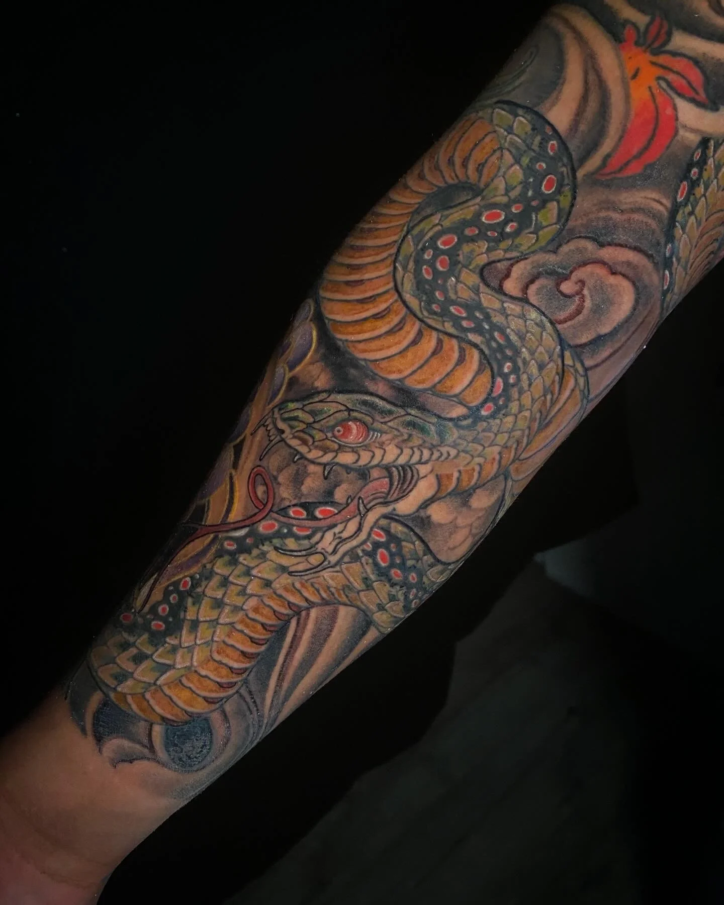 Tattoo of a snake on a person's arm, featuring detailed scales and vibrant colors.