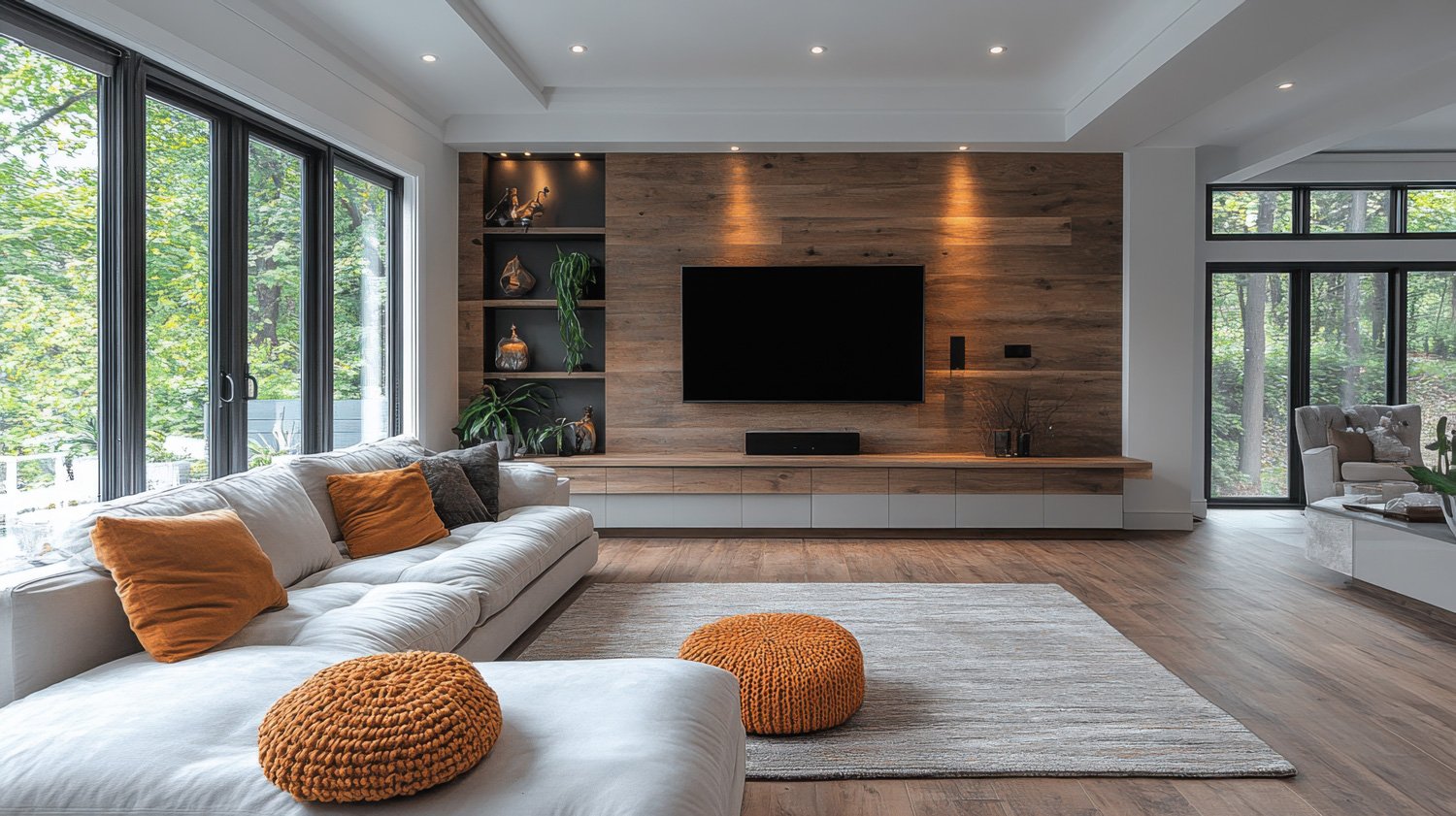 Modern living room with large windows, white sofa with orange cushions, wooden accent wall with mounted flat-screen TV, decorative shelves, and a view of green trees outside.