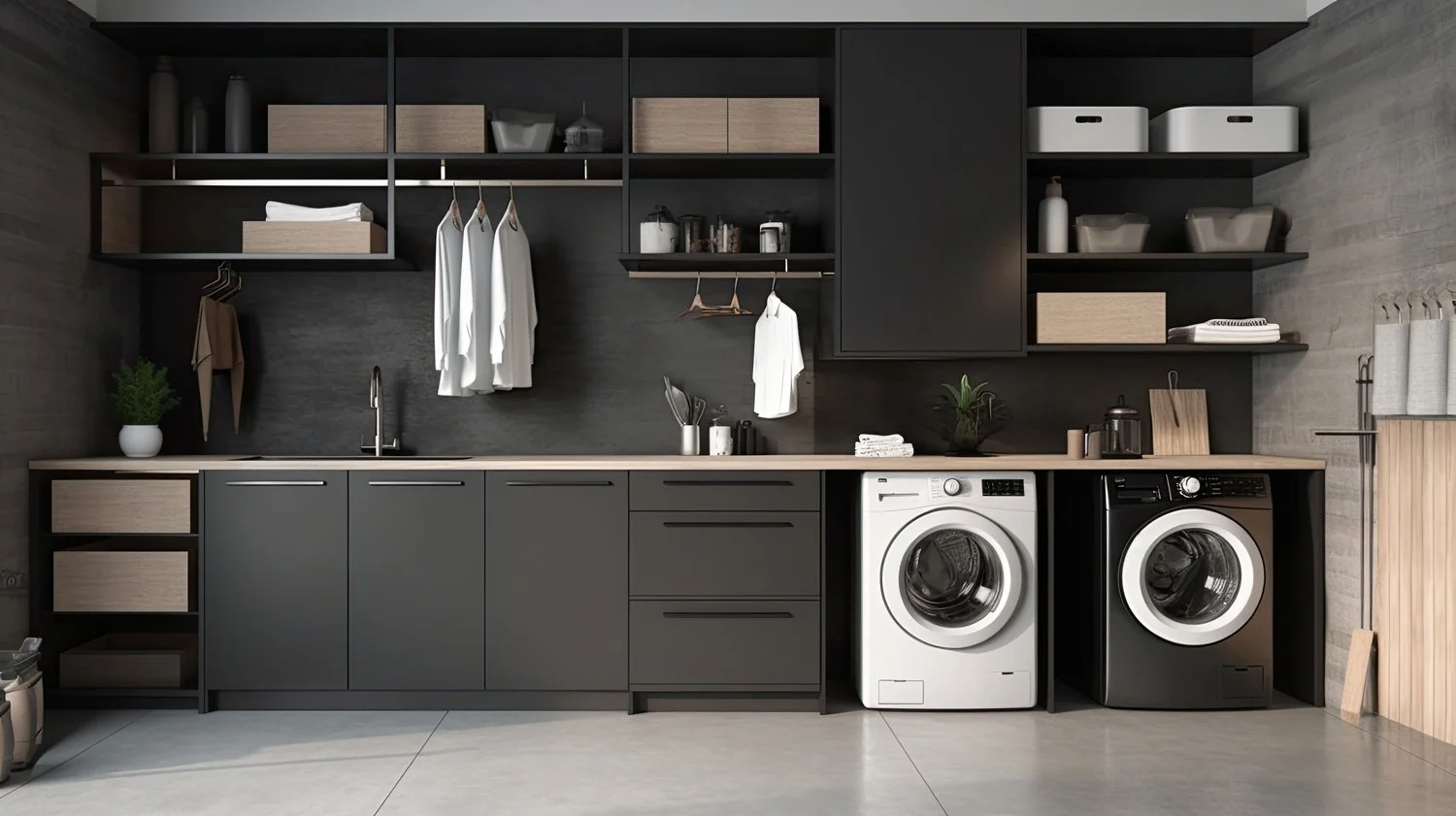 Modern laundry room with dark cabinets, open shelves, and a light wood countertop. Contains a washing machine and dryer, laundry supplies, and potted plant.