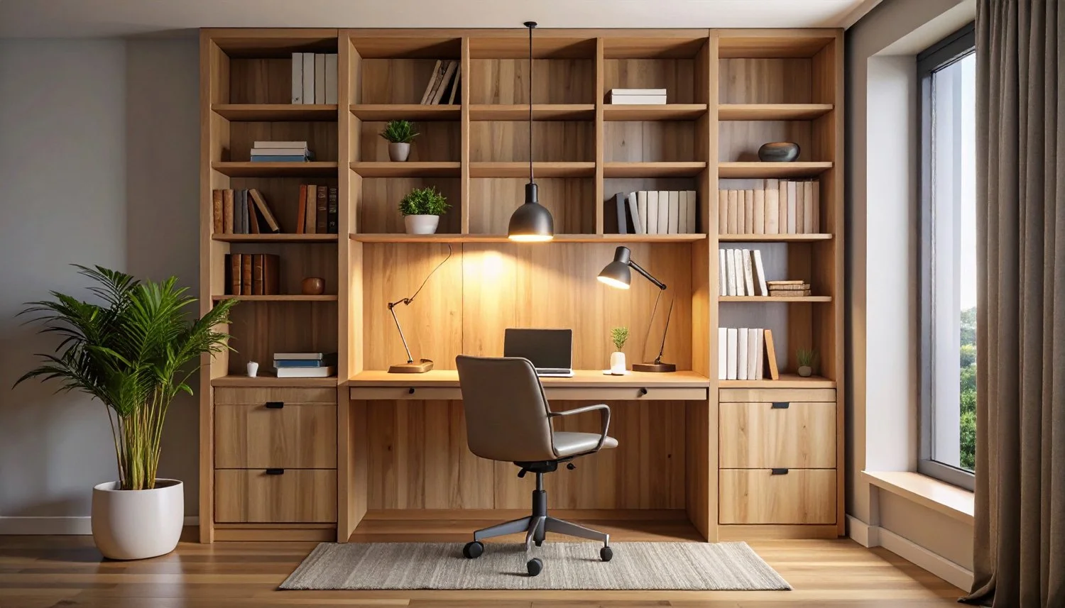 Modern home office with a wooden desk, black swivel chair, built-in wooden bookshelf behind the desk, and large window with beige curtains to the right.