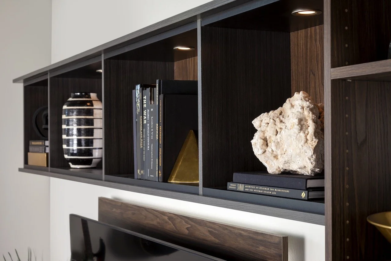 Dark wood wall shelf with three small spotlights, holding a black-and-white striped vase, a row of books, and a large coral-like decorative rock.