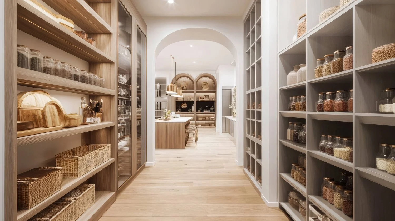 stocked pantry with lots of large shelves and cubbies