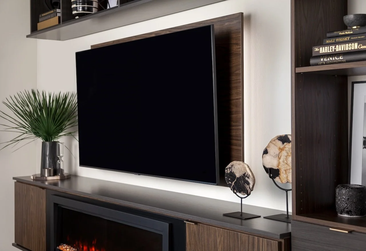 Modern living room with wall-mounted flat-screen TV, decorative stones on stands, a green plant in a metallic pot, and a bookshelf with books and decorative items.