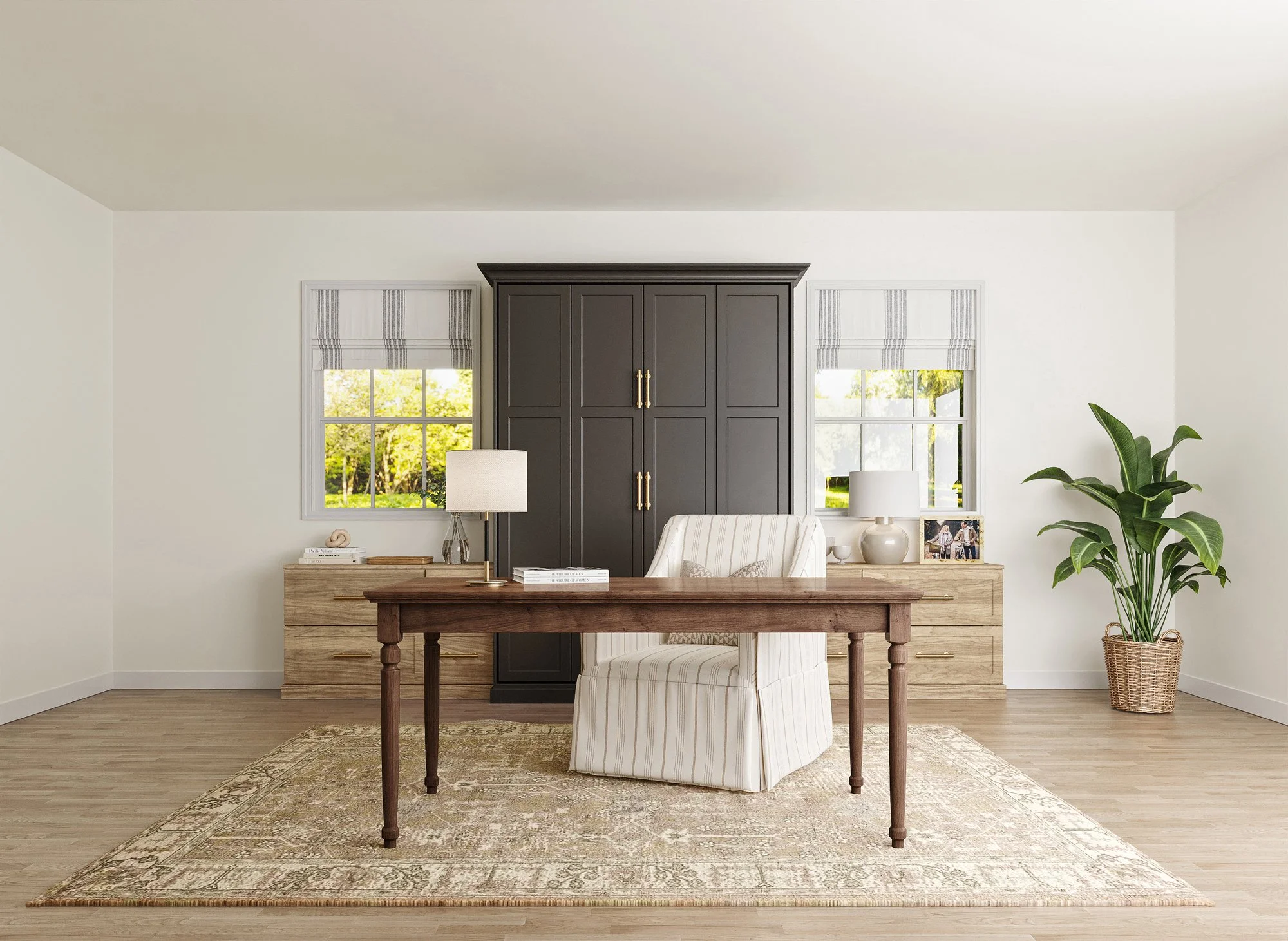 A home office with a wooden desk, white striped armchair, black cabinet with hidden murphy bed, two windows with shades, a potted plant, and lamps on side tables.