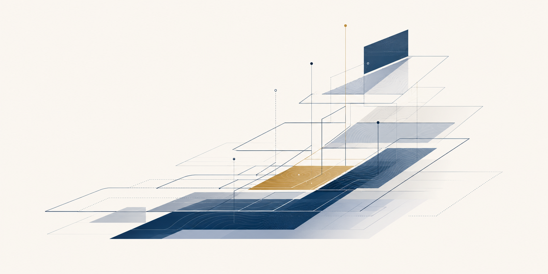 A digital illustration featuring abstract geometric shapes and lines in shades of blue, gold, and white, resembling a modern data visualization or technological concept.