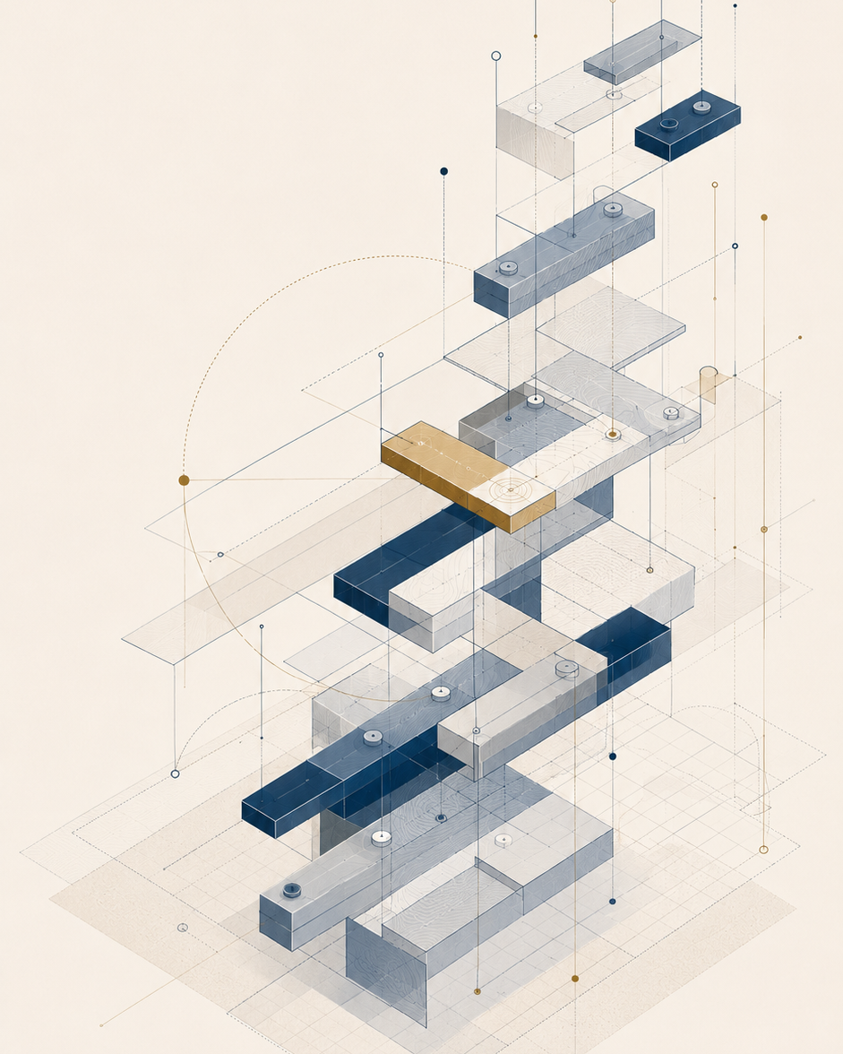 A digital illustration of a complex geometric structure with various interconnected transparent and colored blocks floating above a graph paper background.