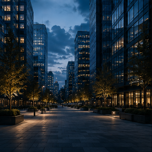 Business district at blue hour
