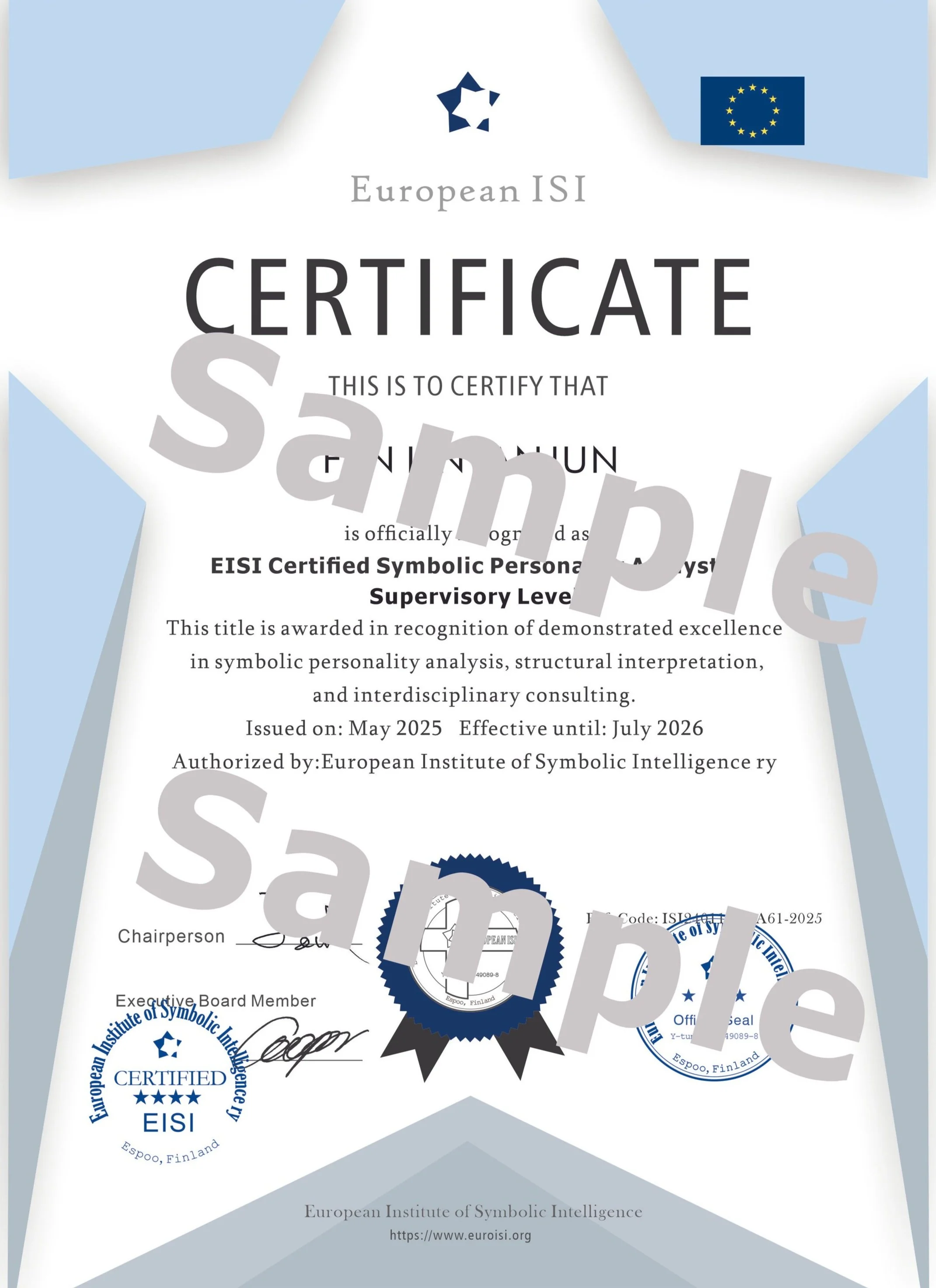 Certificate from European Institute of Symbolic Intelligence, issued in May 2025 to Ginni Mun, certified as an EISI Certified Symbolic Personality Supervisor Level, with official seals and signatures.