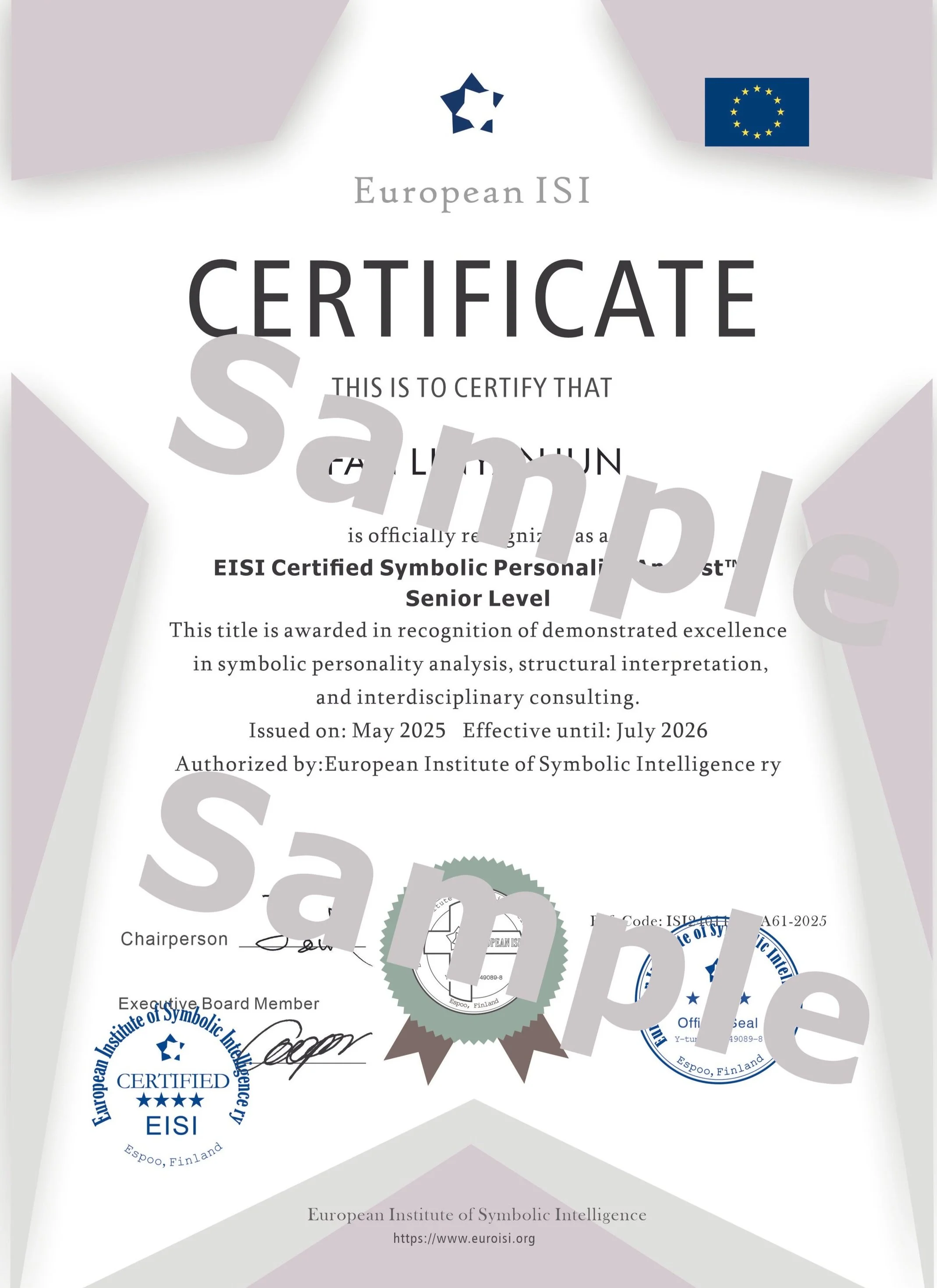Certificate issued by the European Institute of Symbolic Intelligence (EISI) for a senior level certification in symbolic personality analysis, structural interpretation, and interdisciplinary consulting, issued in May 2025, with official seals and signatures.