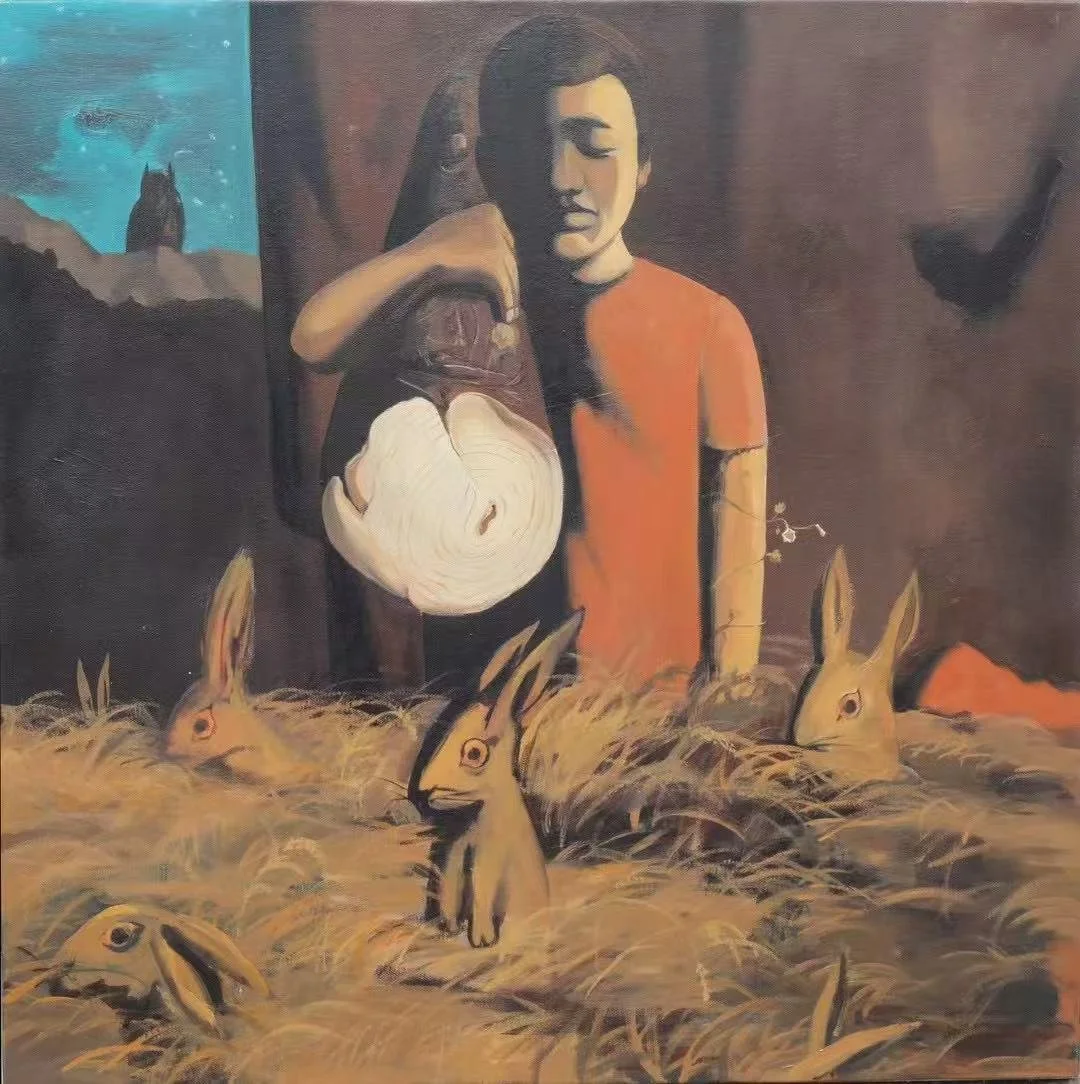 A painting of a young woman standing among a field of rabbits, holding a bag, with a dark background extending to the right and a starry night visible through a window or opening on the left.