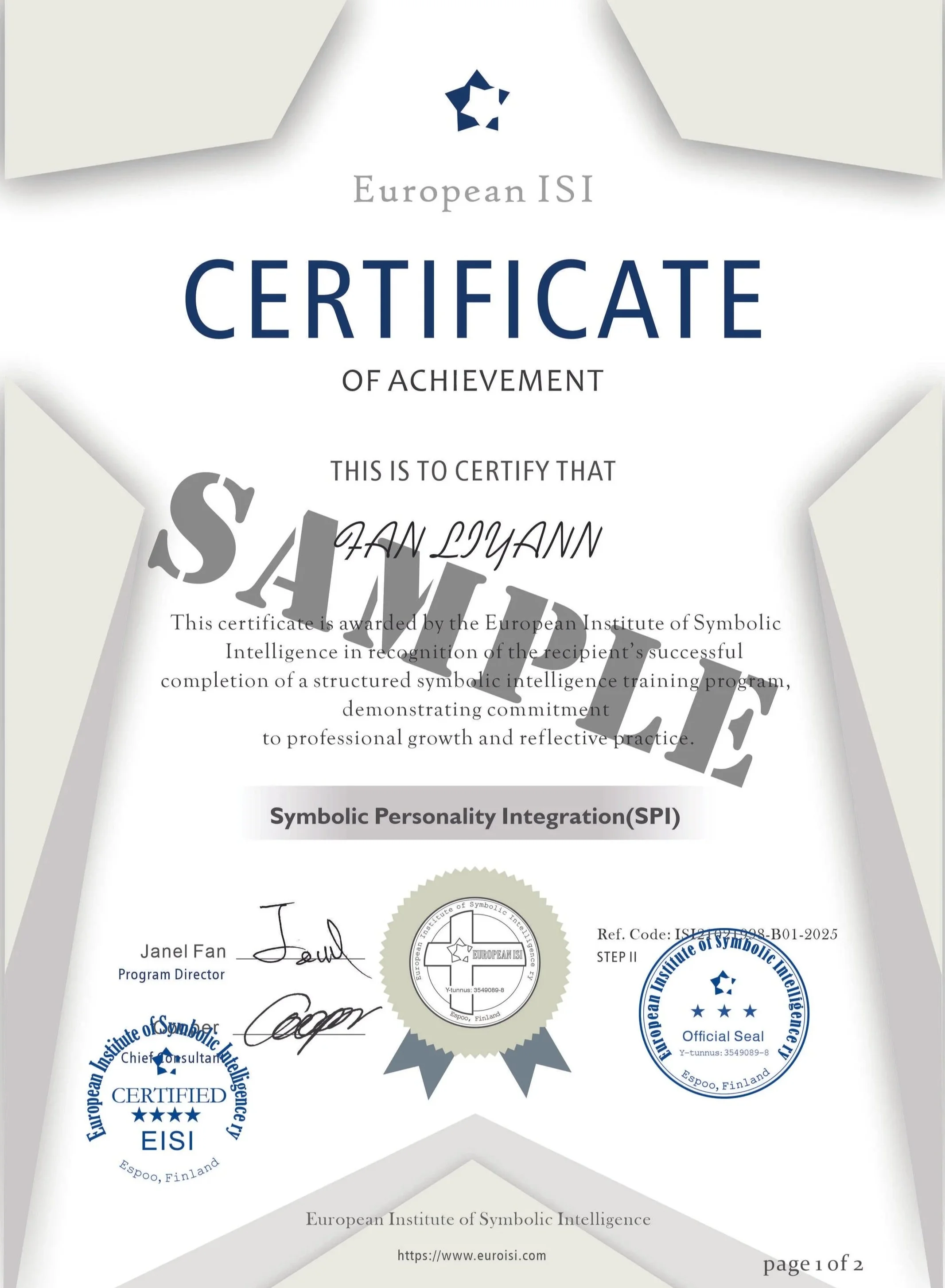 European ISI Certificate of Achievement awarded to Jani Lyyann for completing a structured symbolic intelligence training program in Symbolic Personality Integration, with signatures and official seals from the European Institute of Symbolic Intelligence in Espoo, Finland.