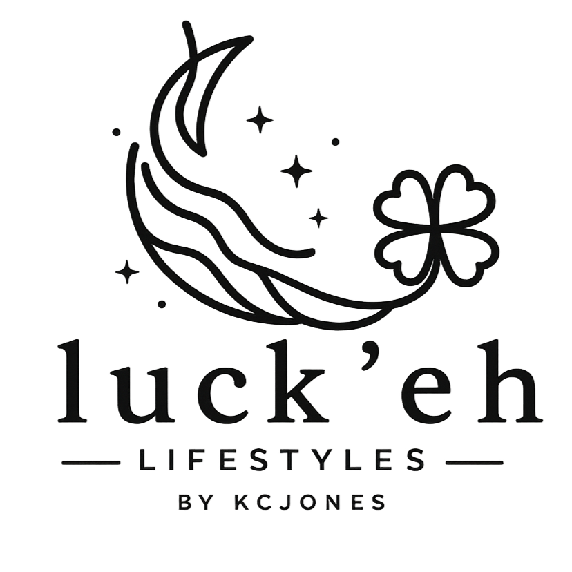 Logo with a crescent moon, a four-leaf clover, and stars, with the text "luck 'e h LIFESTYLES BY KC JONES."