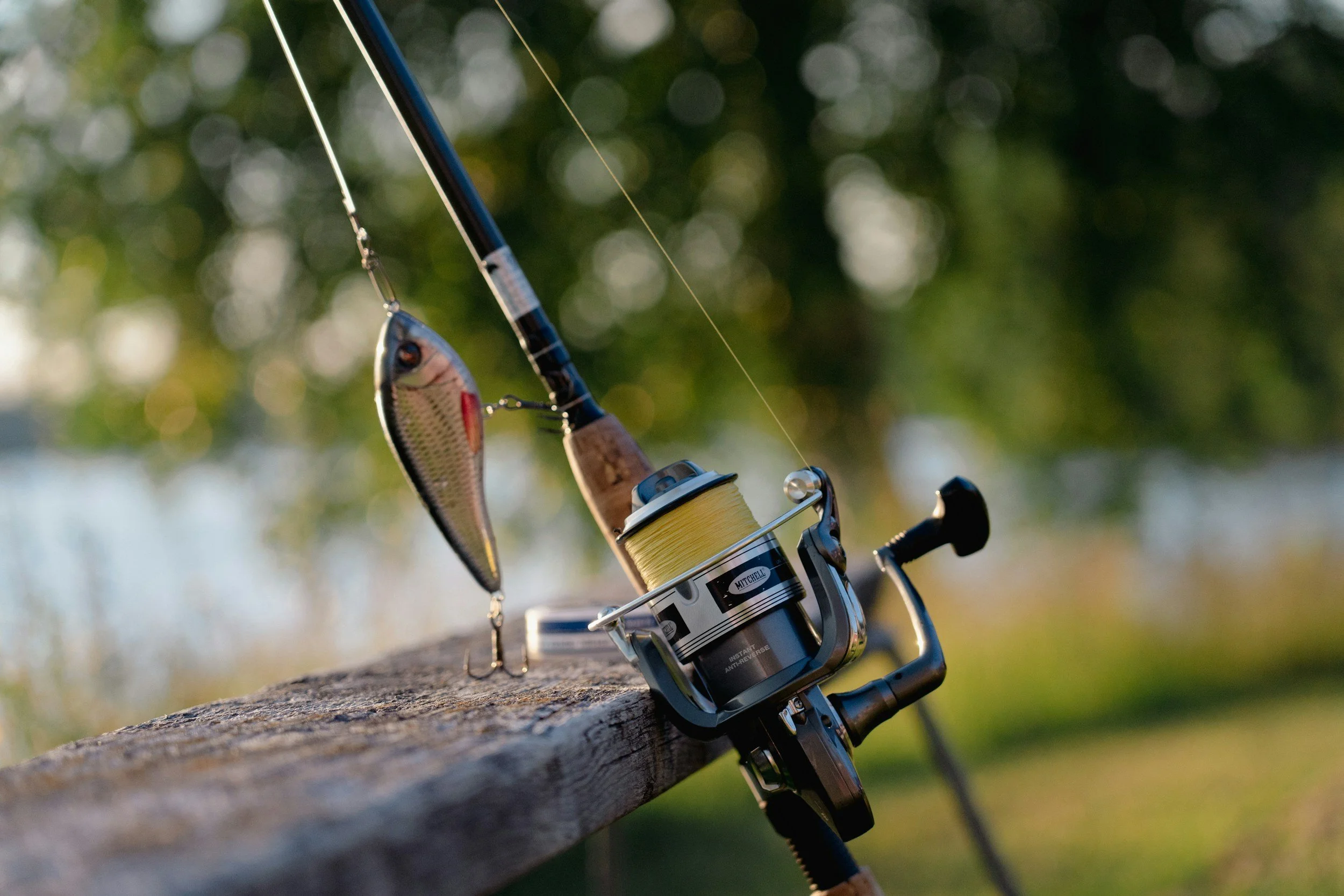 Fishing rod with spinner bait lure leaning against a log outdoors with green, bokeh background.