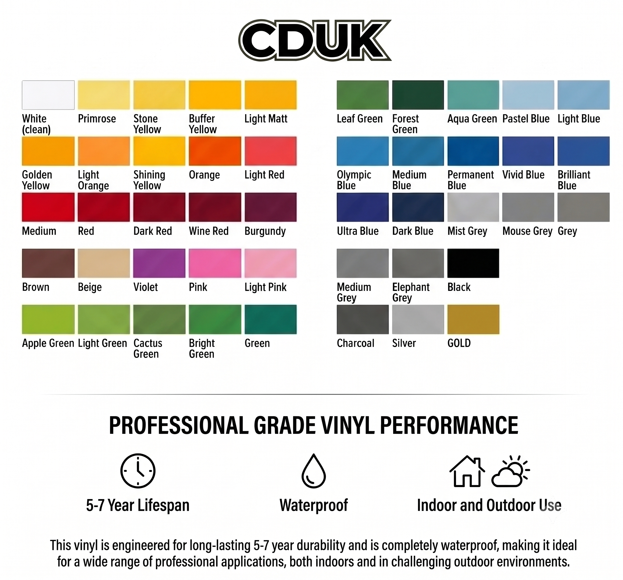 Color chart for professional grade vinyl performance, showing a rainbow of colors including white, primrose, stone yellow, buffer yellow, light matt, leaf green, forest green, aqua green, pastel blue, light blue, olympic blue, medium blue, permanent blue, vivid blue, brilliant blue, brown, beige, violet, pink, light pink, apple green, light green, cactus green, bright green, charcoal, silver, gold, black, and others, with icons indicating durability, waterproof, indoor and outdoor use, and a lifespan of 5-7 years.