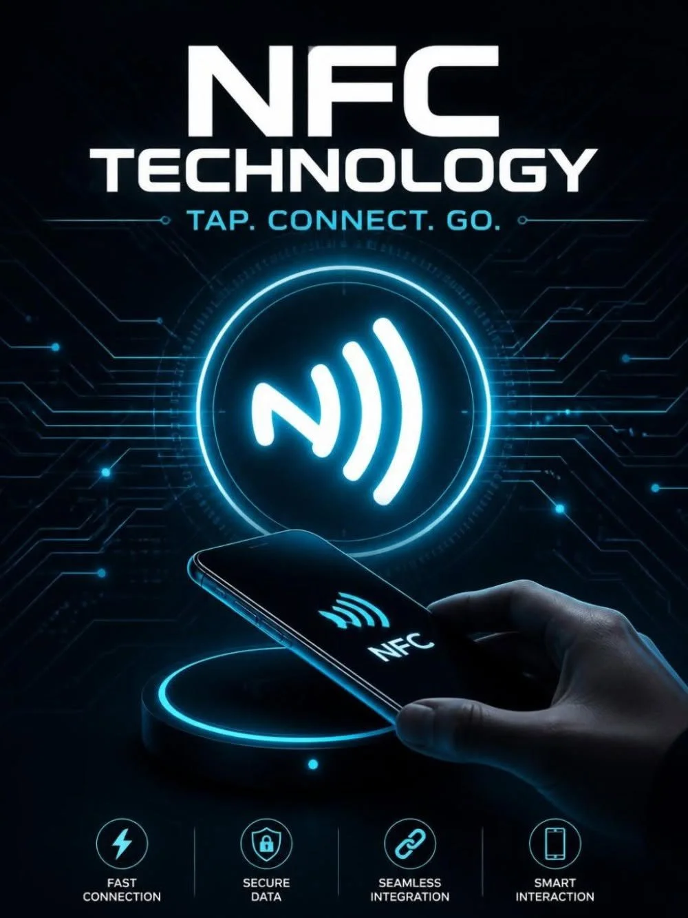 Digital graphic promoting NFC technology with a smartphone near a wireless charging pad and icons indicating fast connection, secure data, seamless integration, and smart interaction.