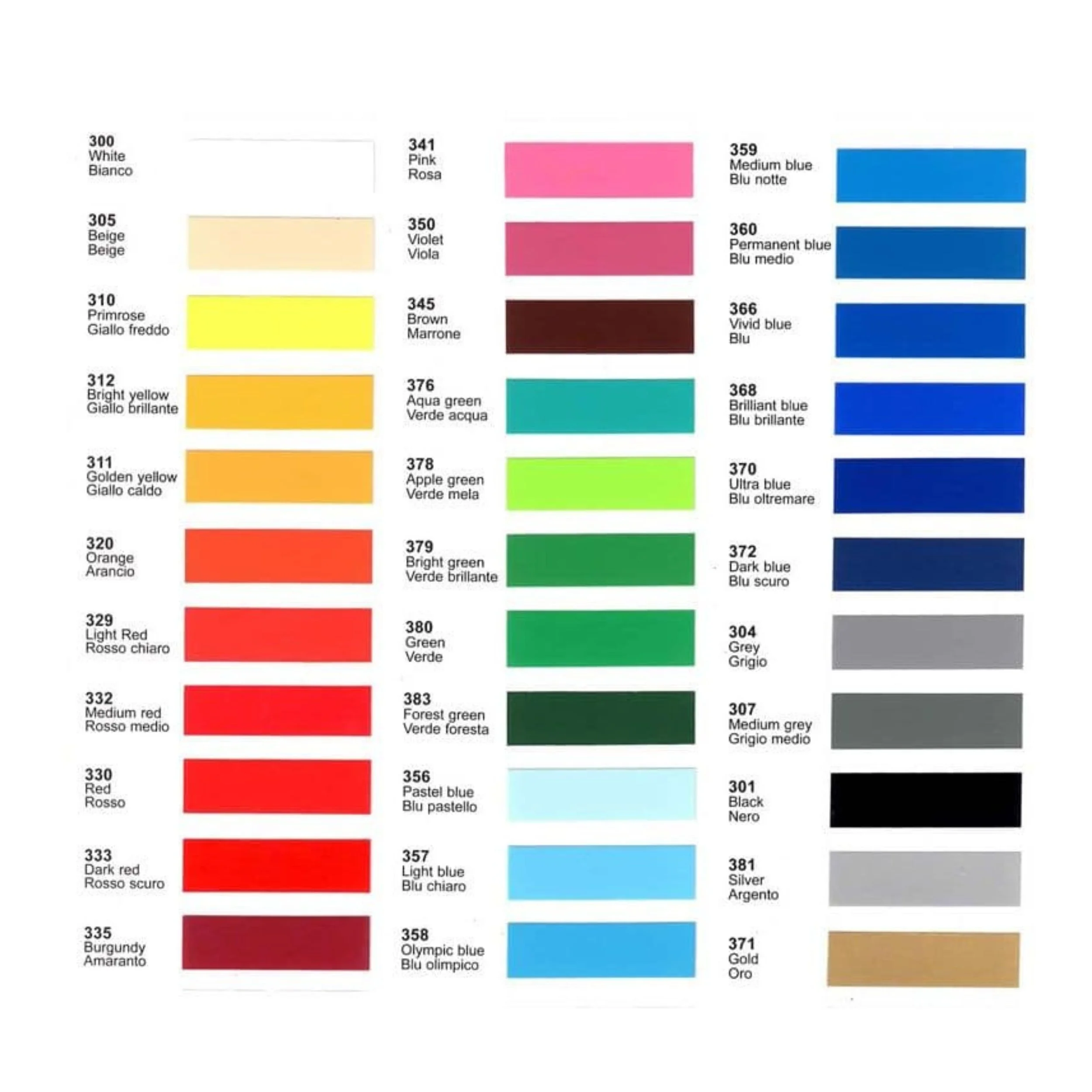 Color chart with color names and swatches, including white, pink, medium blue, beige, violet, permanent blue, primrose yellow, vivid blue, bright yellow, brilliant blue, golden yellow, ultra blue, orange, apple green, bright green, red, forest green, light red, grey, pastel blue, black, dark red, silver, burgundy, and gold.