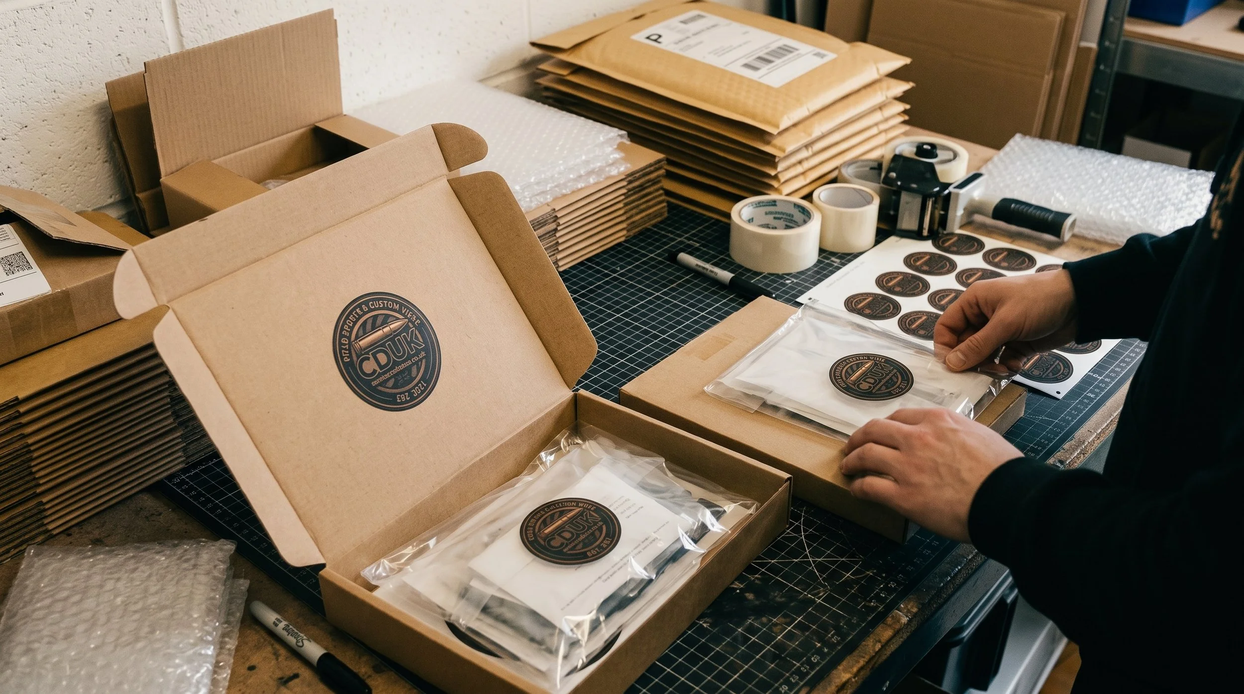 Person packaging products with labels into cardboard boxes on a worktable with packing materials, tape, and printed stickers.