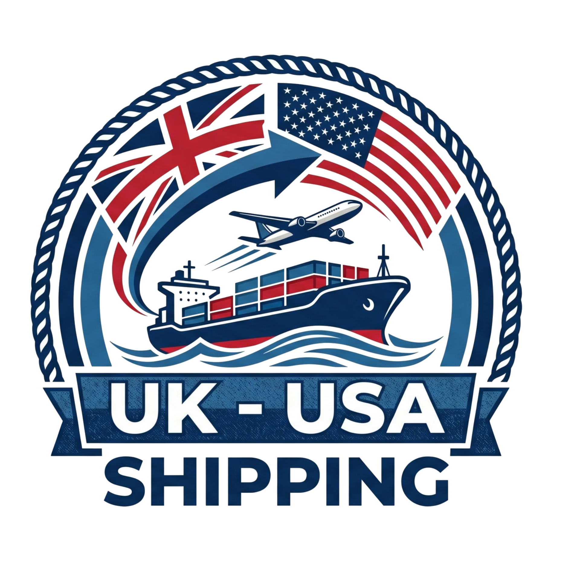 A circular emblem with a navy blue border featuring white rope details. Inside, it depicts a cargo ship with containers, an airplane, a satellite, an antenna, the American flag, and the words "UK-U.S.A. SHIPPING" in bold letters.