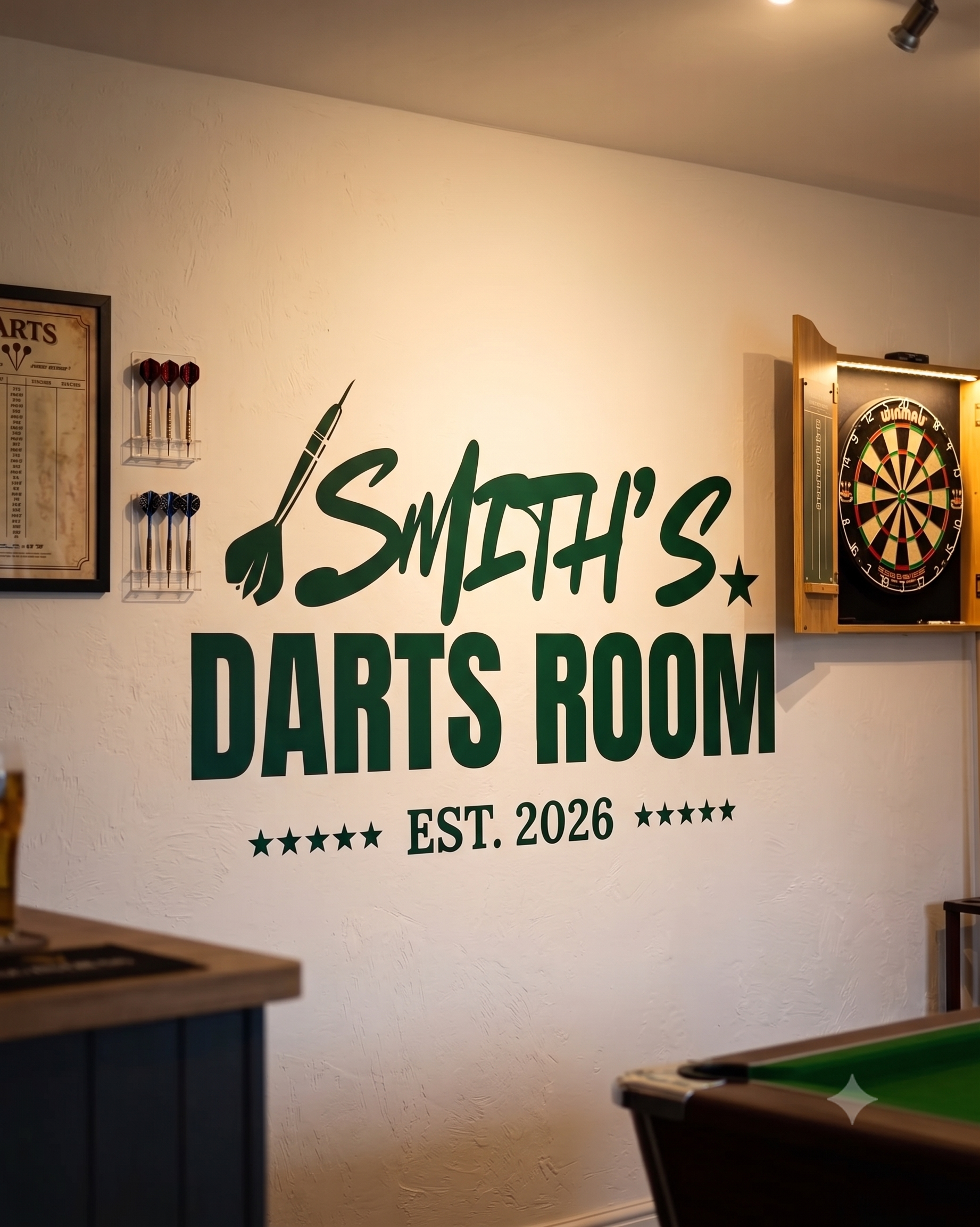 Indoor dart room with a dartboard and a sign that reads 'Smith's Darts Room' with 'EST. 2026' at the bottom, and a dartboard enclosed in a wooden cabinet.