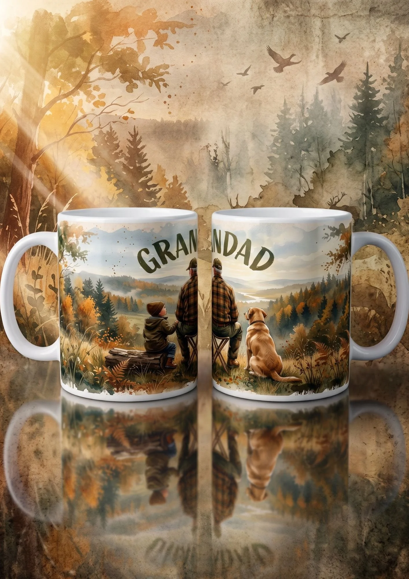 Grandad, Grandson & Dog Watercolour Mug
