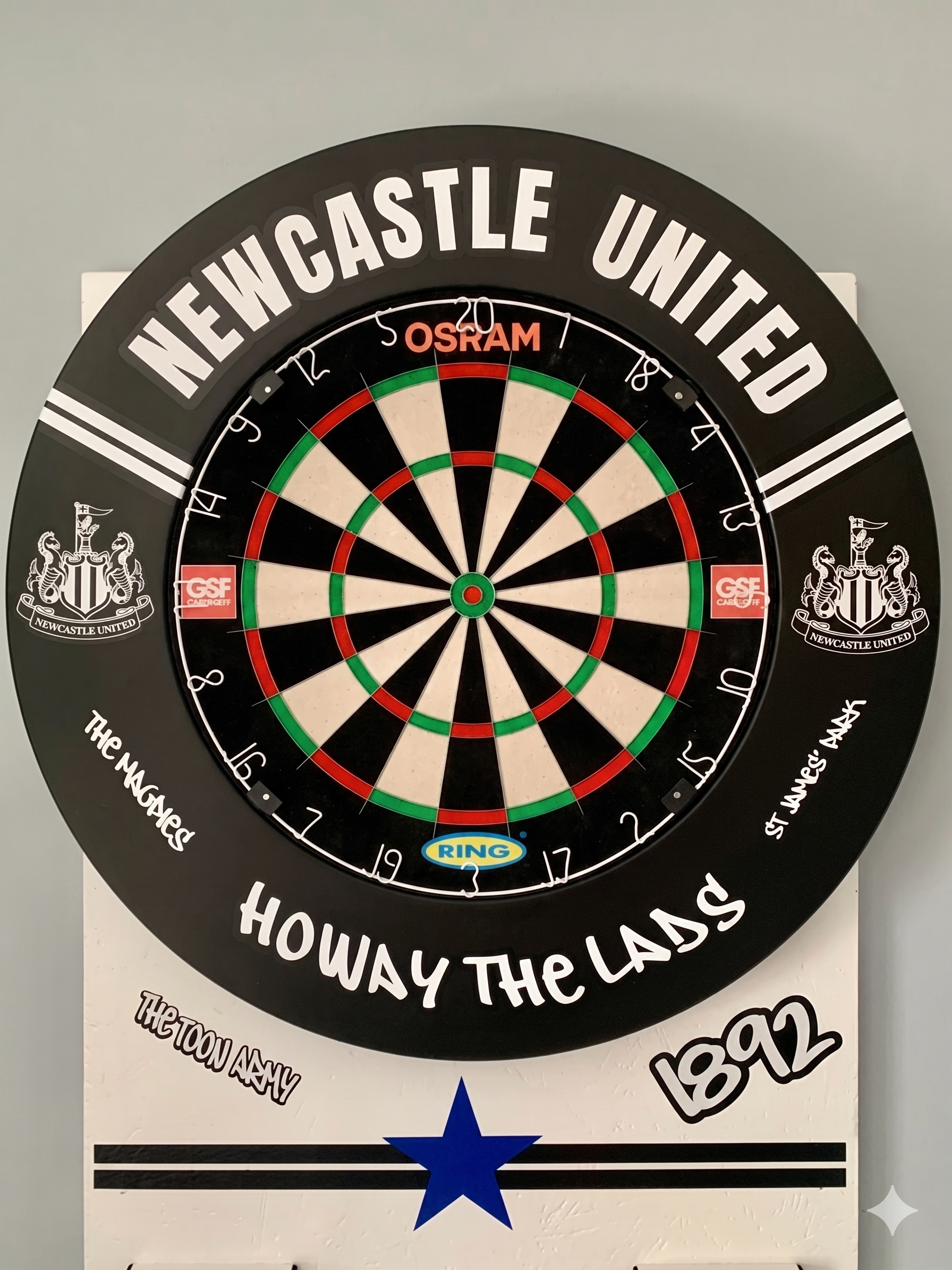 A dartboard with the text 'Newcastle United' on the top and 'Howway The Lands' on the bottom, featuring logos and the number 1982 on the lower right.