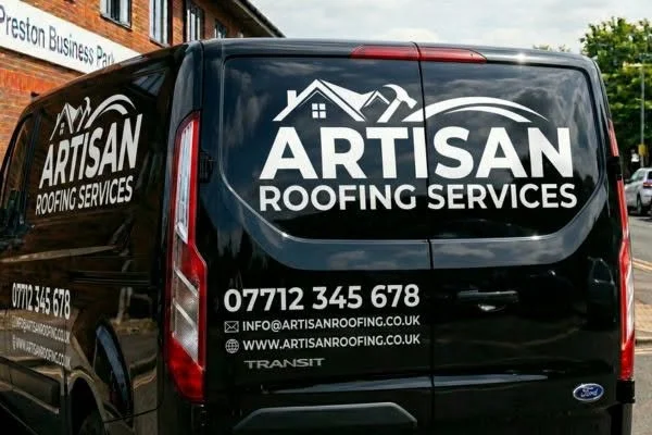 Black van with white logo and text for Artisan Roofing Services, including phone number, email, and website