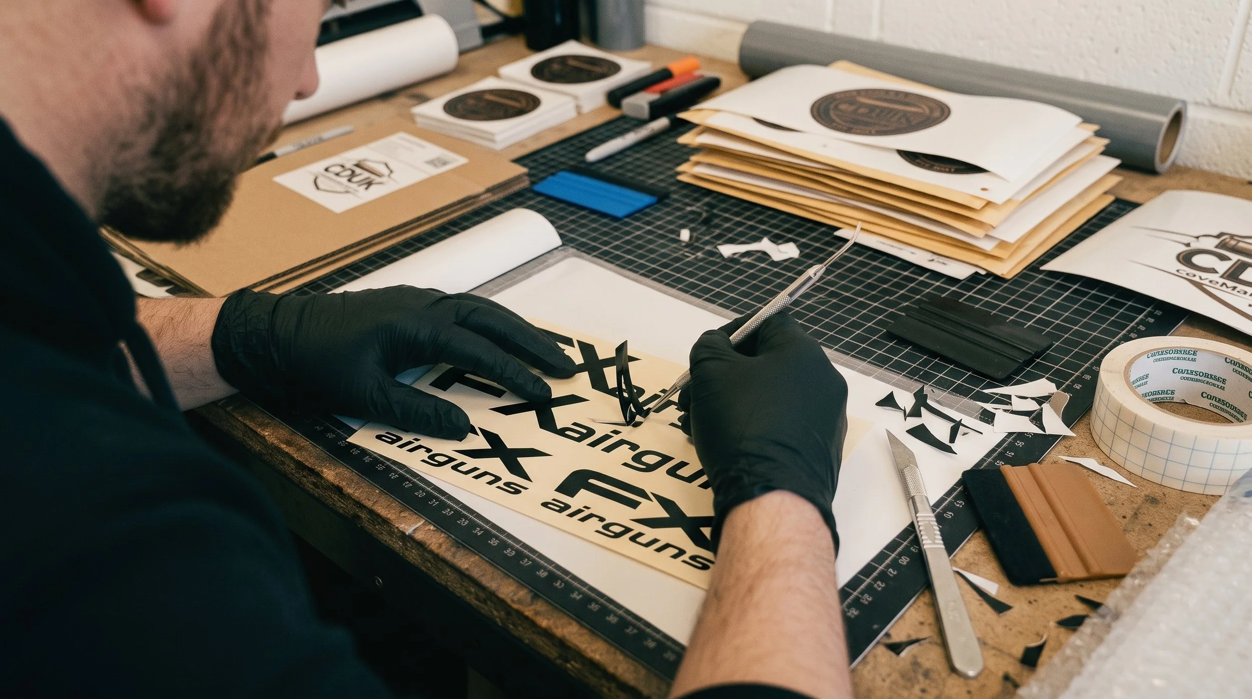 Person working on custom sticker design at a cluttered craft table, creating cut-out black and white stickers with a precision knife.