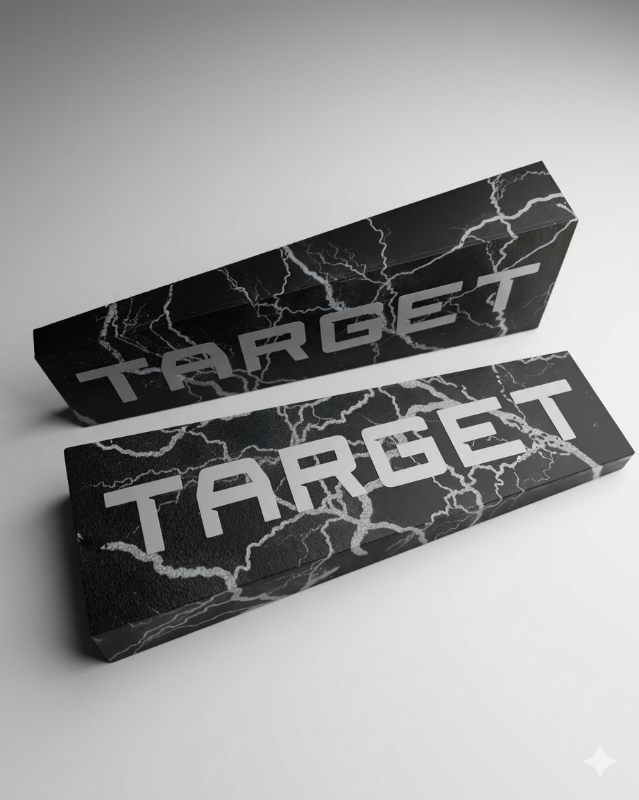 Black rectangular blocks with the word "TARGET" in gray capital letters, and a lightning bolt pattern in the background.