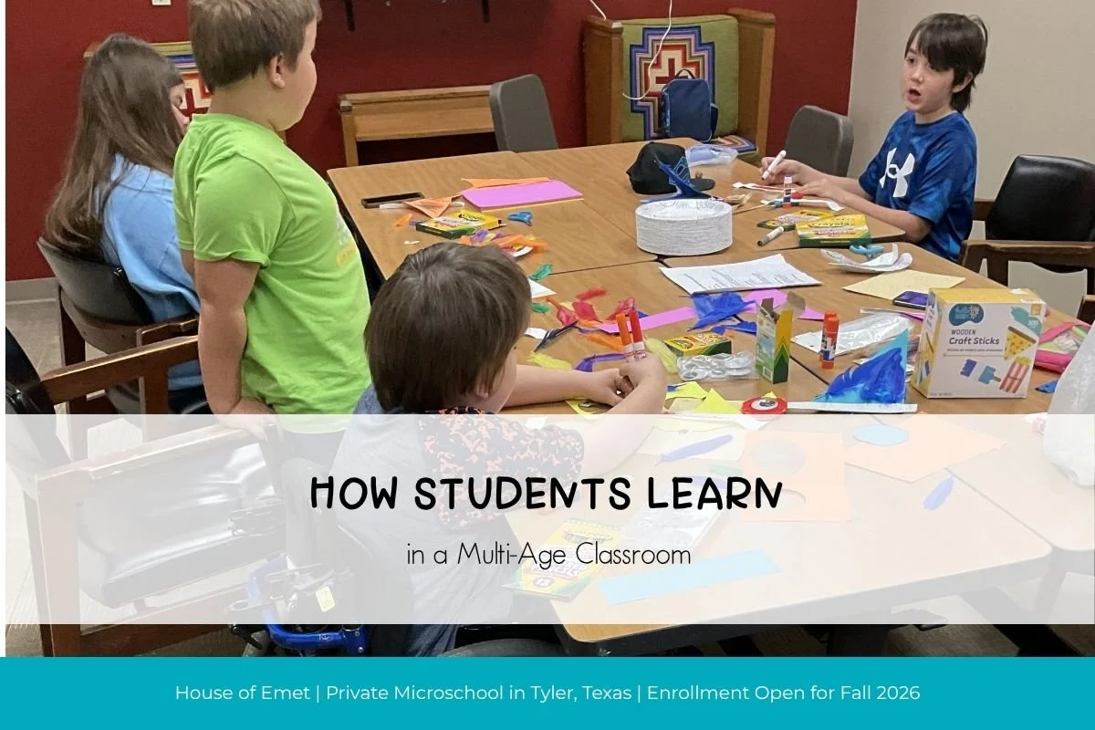 Students of different ages learning together in a small microschool classroom with individualized instruction.
