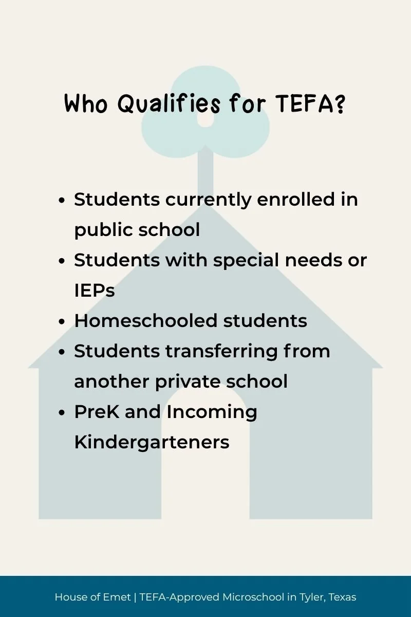 Infographic showing who qualifies for TEFA in Texas including public school students, students with IEPs, homeschooled students, transfer students, and incoming kindergarteners, from House of Emet in Tyler, Texas