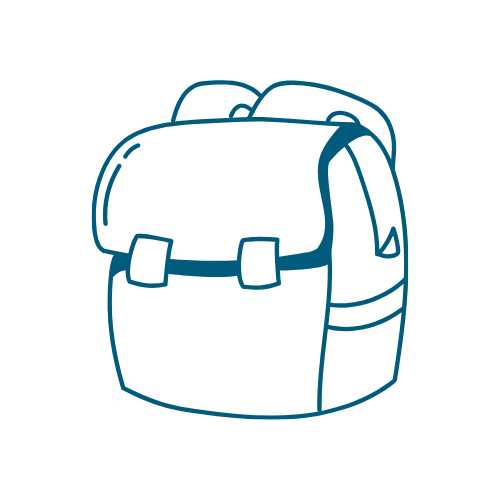 Outline drawing of a backpack with a front pocket and straps.
