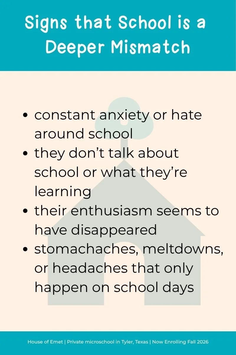Infographic listing signs that a child's school struggles may be a deeper environmental mismatch, from House of Emet microschool in Tyler, Texas