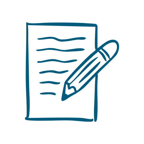 A drawing of a piece of lined paper with a pen for writing.