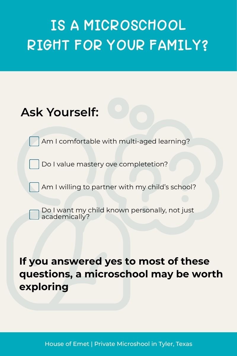 Checklist infographic helping parents determine whether a microschool is a good fit for their family.