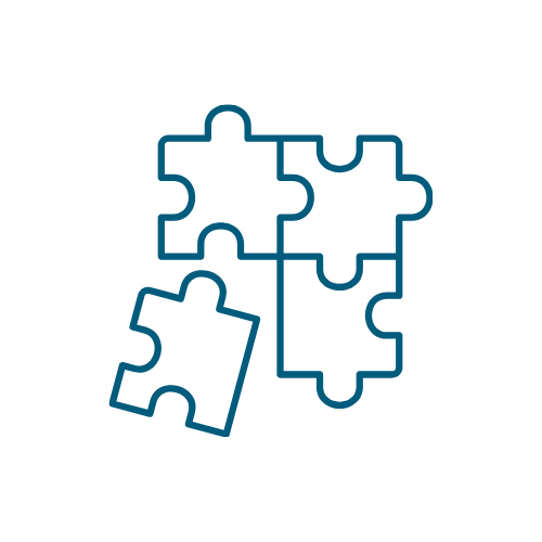 Outline of four interconnected puzzle pieces on a black background.