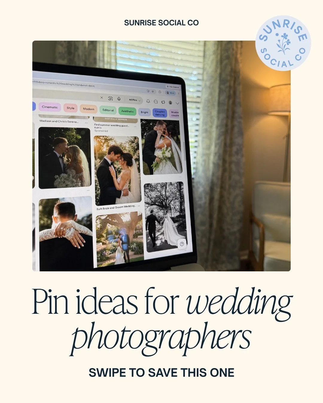 Pin ideas for wedding photographers (save this for later!)

If you&rsquo;re staring at a blank content calendar, here&rsquo;s where to start: 

☀️ Real wedding blog posts &mdash; turn each wedding into a batch of pins like &rdquo;Downtown Dallas Wedd