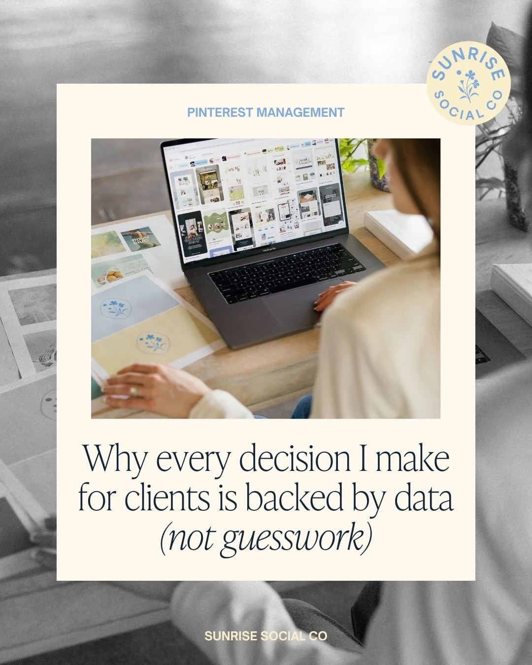 Everything is backed by data, not guesswork. 

A lot of Pinterest management is &ldquo;set it and forget it&rdquo; &mdash; pin consistently and hope it works. Mine isn&rsquo;t. 

Every quarter, I sit down with clients and look at what&rsquo;s actuall