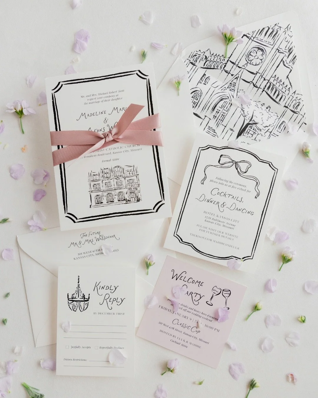 Now THIS is how you do classic with a pop of whimsy 🎀🍸🕯️💌

What we did: Custom stationery design with 2 venue illustrations across a 5-piece suite

Flatlays by @ashleyicephotos