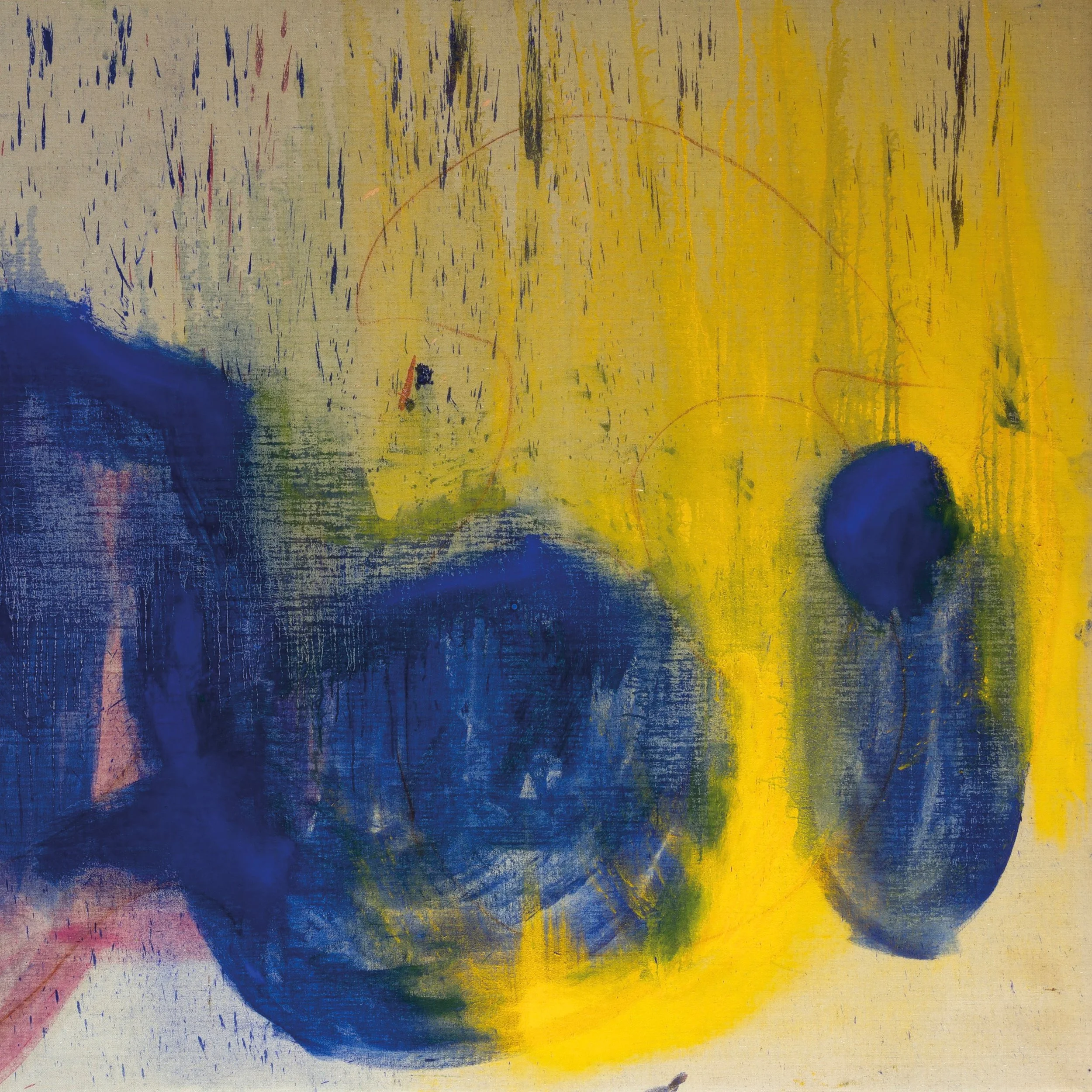 Un dipinto astratto con macchie di colore blu e giallo, linee sottili e texture visibile.