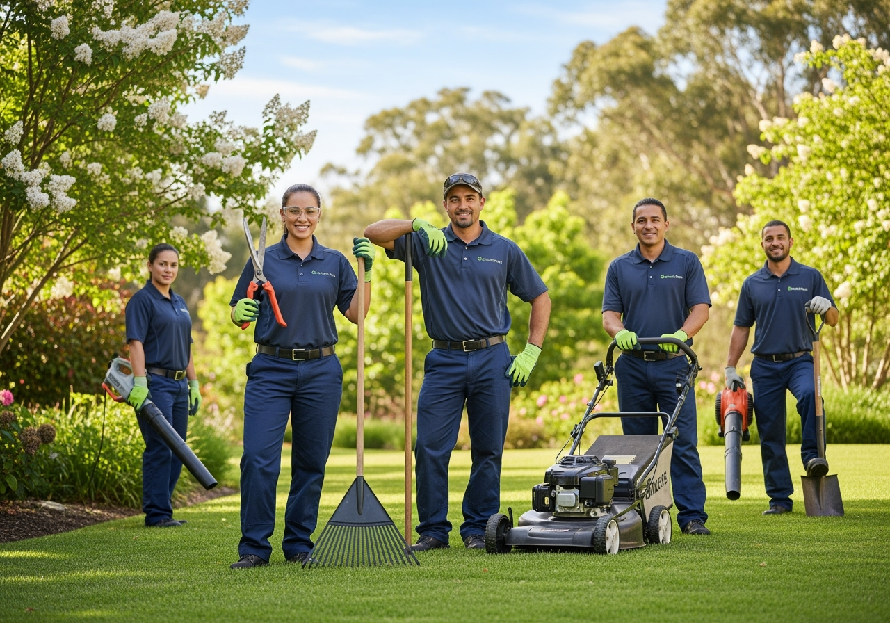A group of five people in matching blue uniforms standing on a lush green lawn with trees and flowering shrubs in the background, preparing to do yard work. They are holding gardening tools and equipment, smiling at the camera.