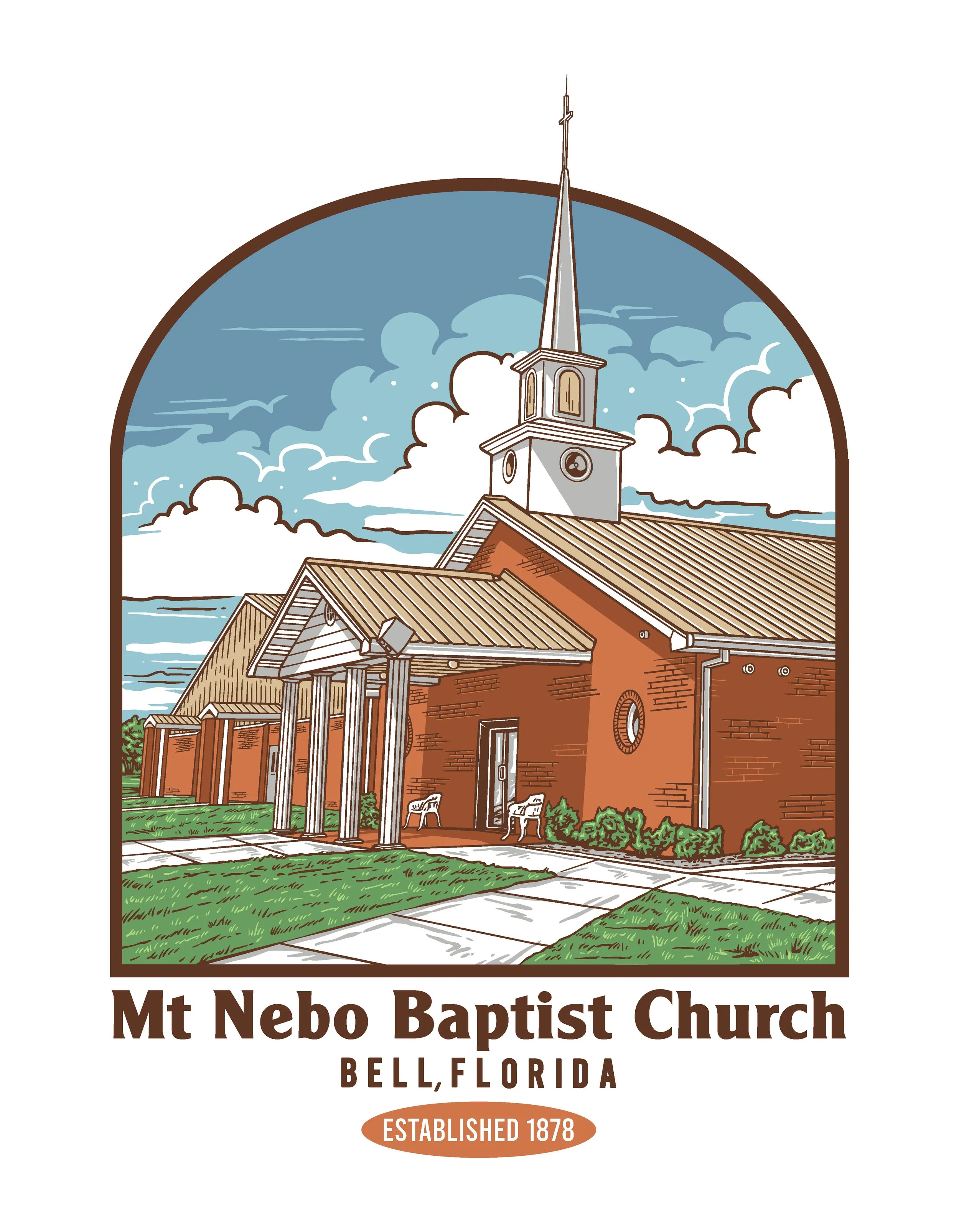 Drawn image of front of church with text at footer that says mt nebo baptist church bell, florida established 1878
