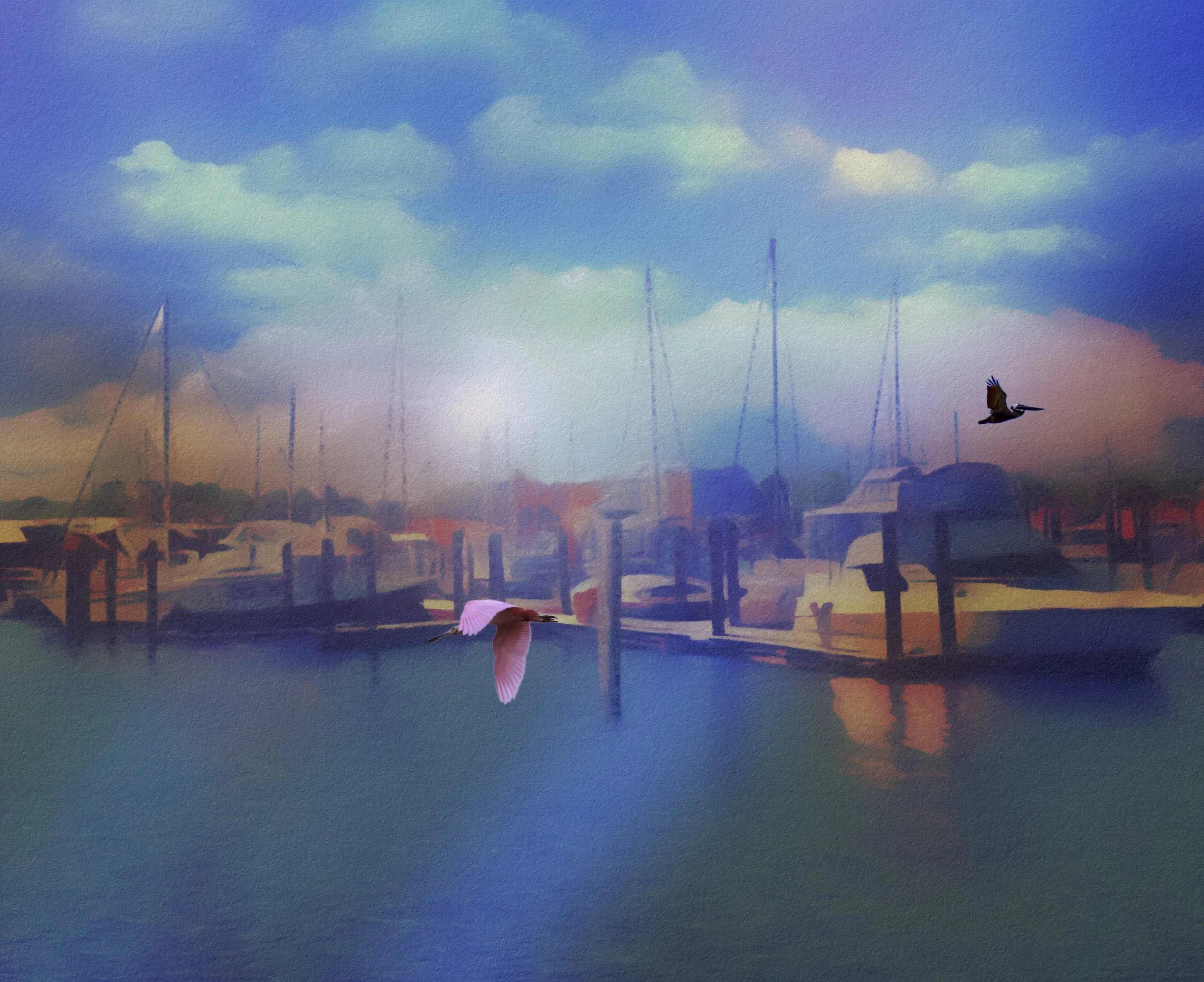 Sunrise over the ocean with colorful clouds mirror reflection on the wet sand, and small bird near the shoreline.