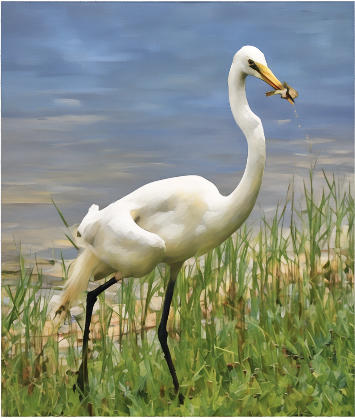 A  white heron standing in grass near water, holding a fish in its beak.