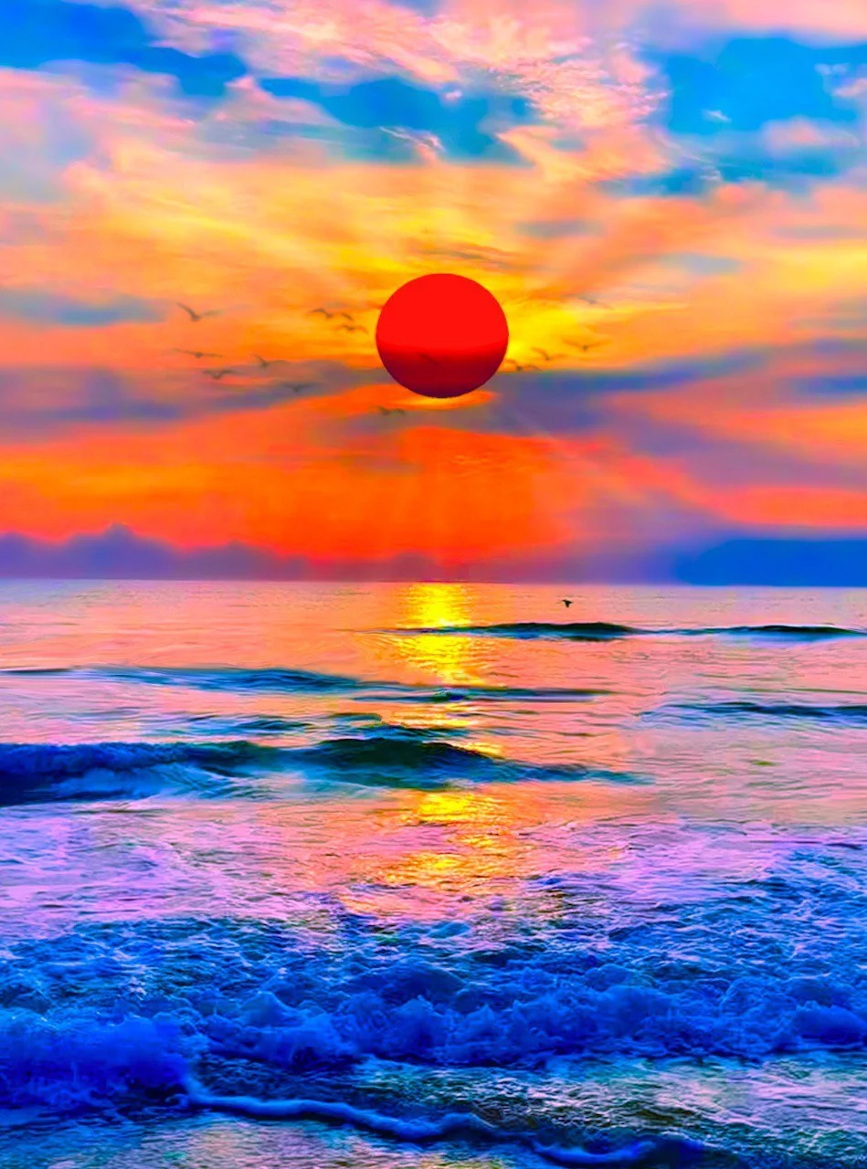 A vibrant sunrise over the ocean with a palm tree on the right side and orange sky with clouds.