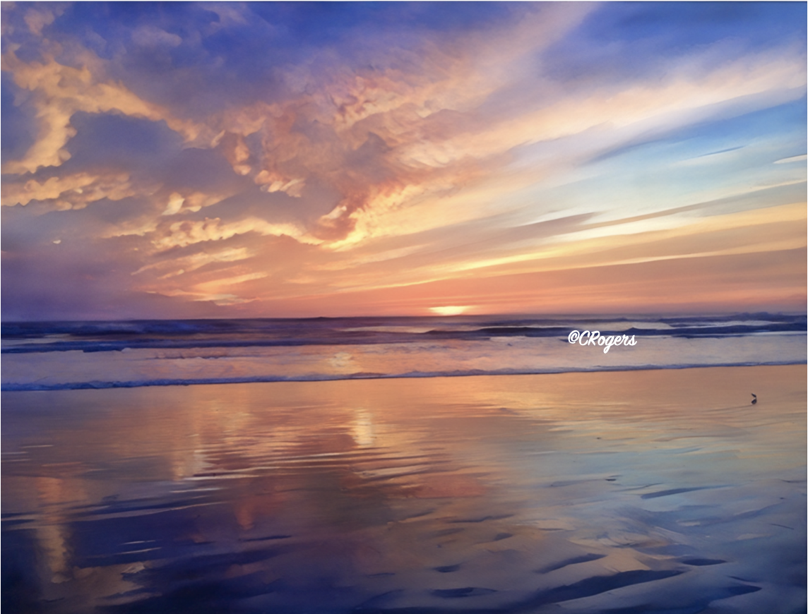 Sunrise over the ocean with colorful clouds mirror reflection on the wet sand, and small bird near the shoreline.