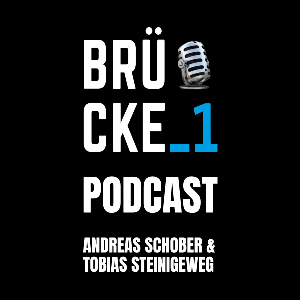 Podcast-Logo mit schwarzen Hintergrund, weißen Texten, blauer Zahl 1, einem stilisierten Mikrofon