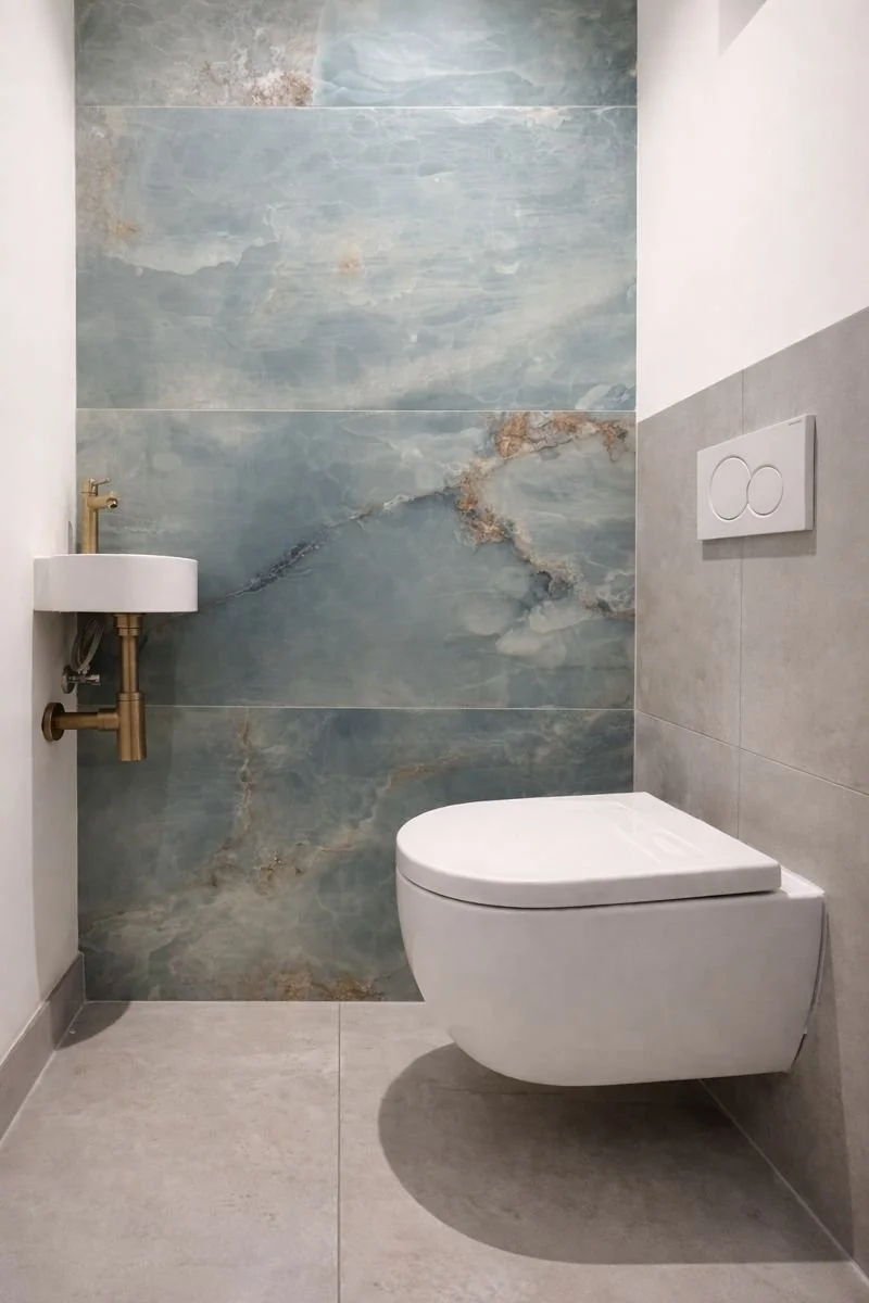 Moderne toiletruimte met hangend toilet, wandcloset en luxe tegelwand, vakkundig geïnstalleerd door Hofstad Loodgieters in Den Haag.