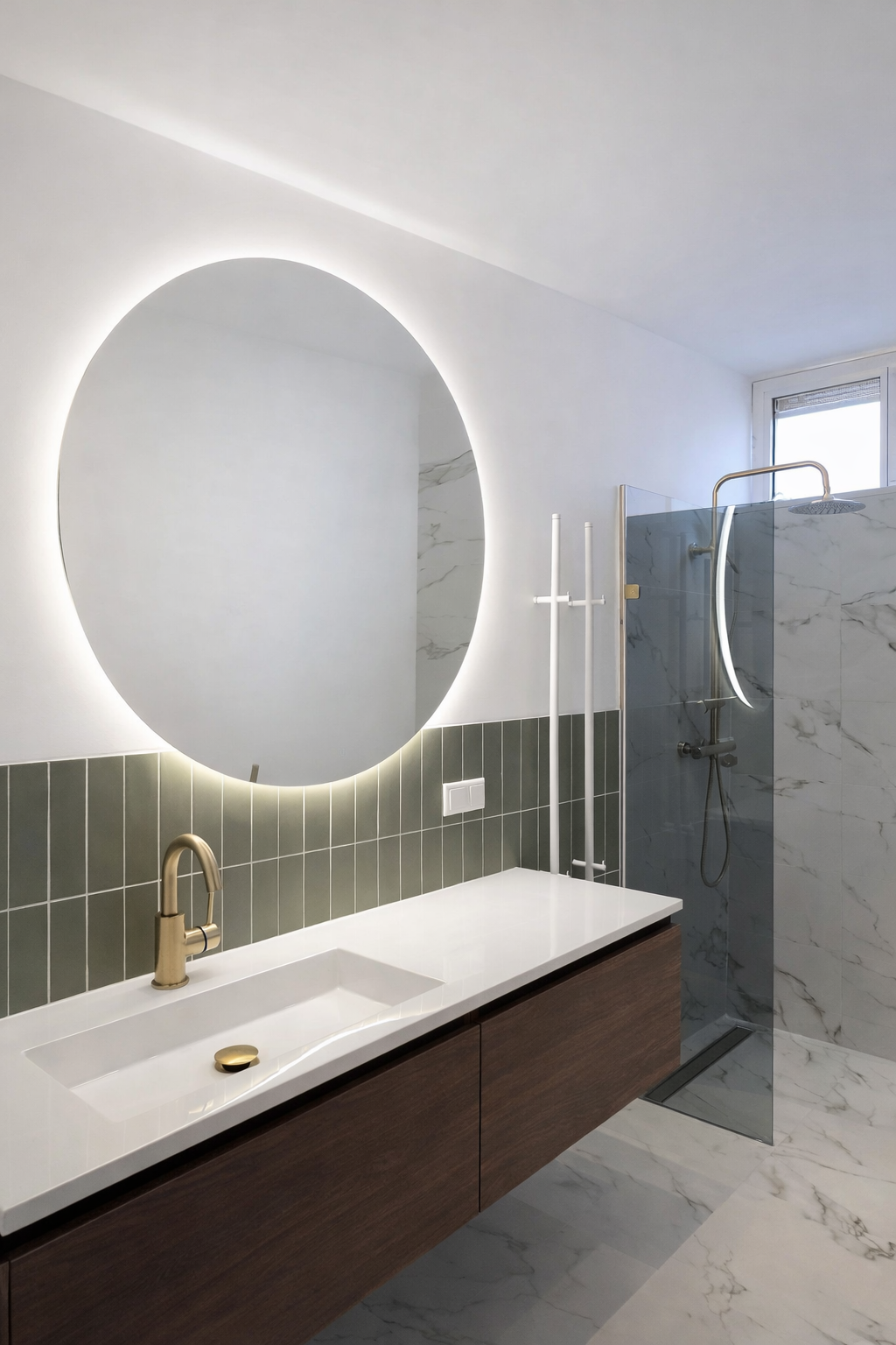 Moderne badkamer met strakke wastafel, messing kraan en inloopdouche, vakkundig gerealiseerd door Hofstad Loodgieters in Den Haag.