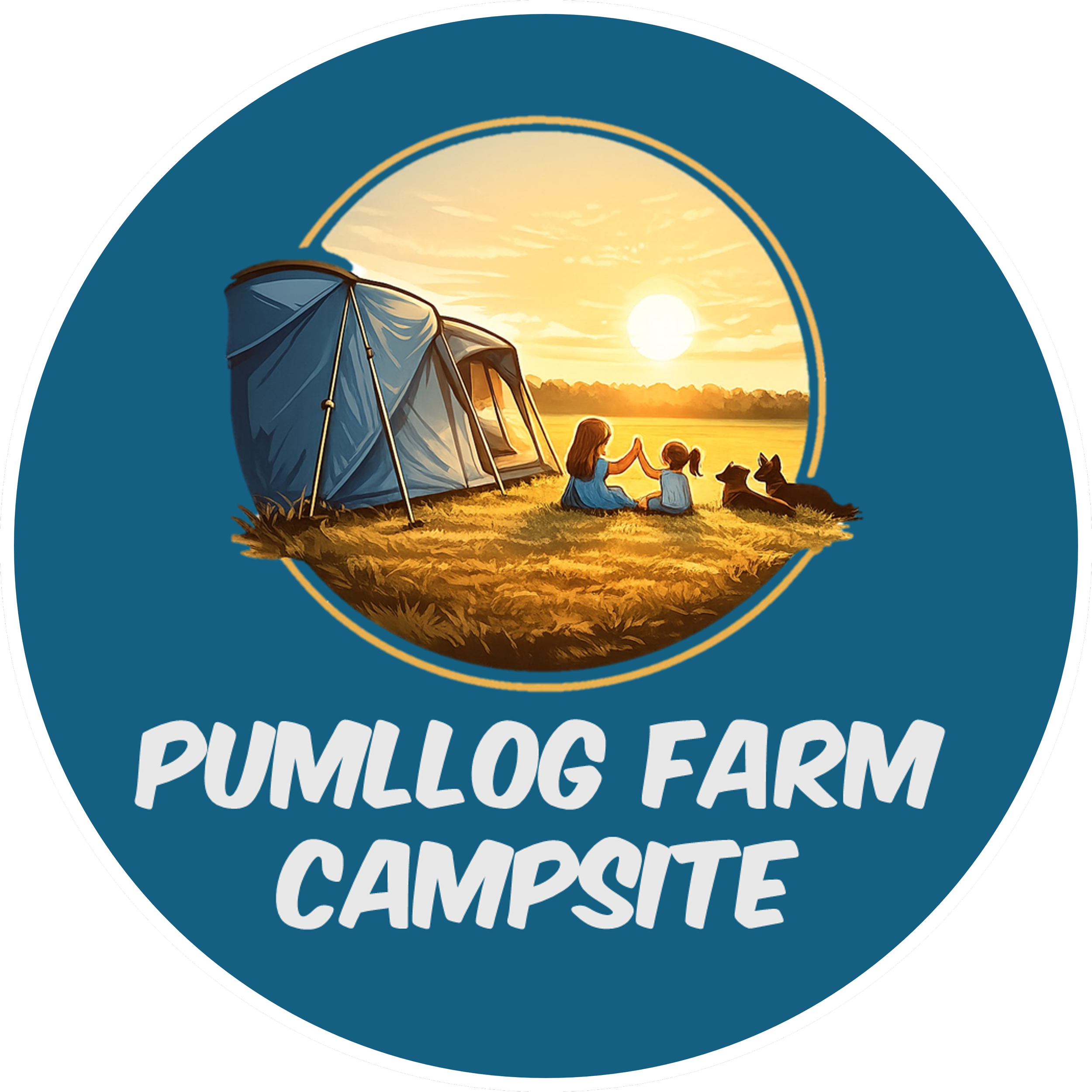 A logo for Pumlog Farm Campsite featuring two children sitting on the grass by a tent at sunset, with two dogs nearby.